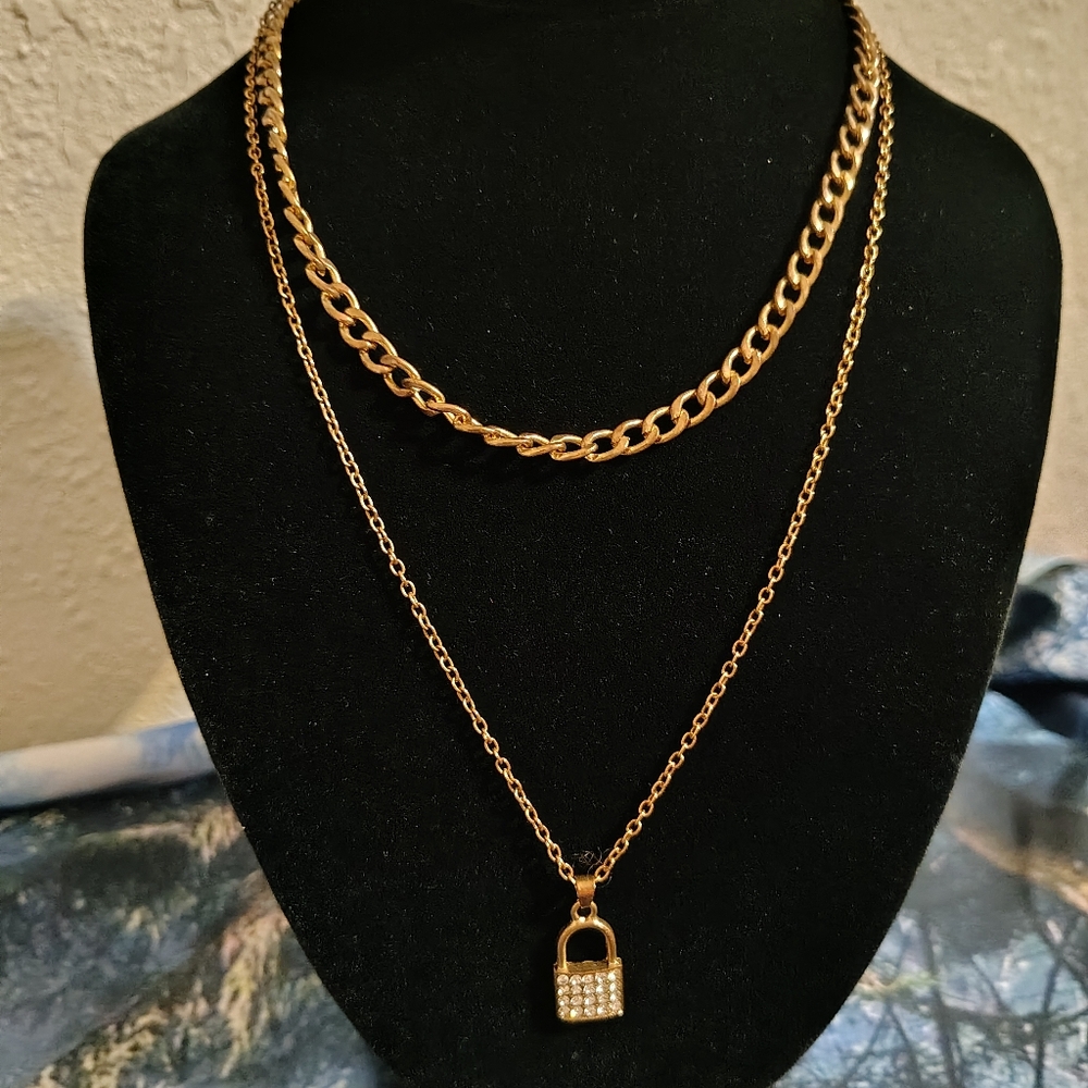 Copper Toned 2 Layer Crystaled Padlock Necklace , Crystal Bangle & Earrings
